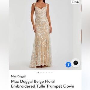 Mac Duggal Beige Gown with White Floral Embroidery